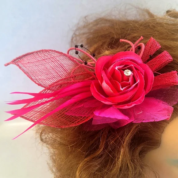 Fuchsia Mesh Floral Fascinator Headband for Women Fuchsia Floral Fascinator Headband : Wedding Guest Races  main image 4